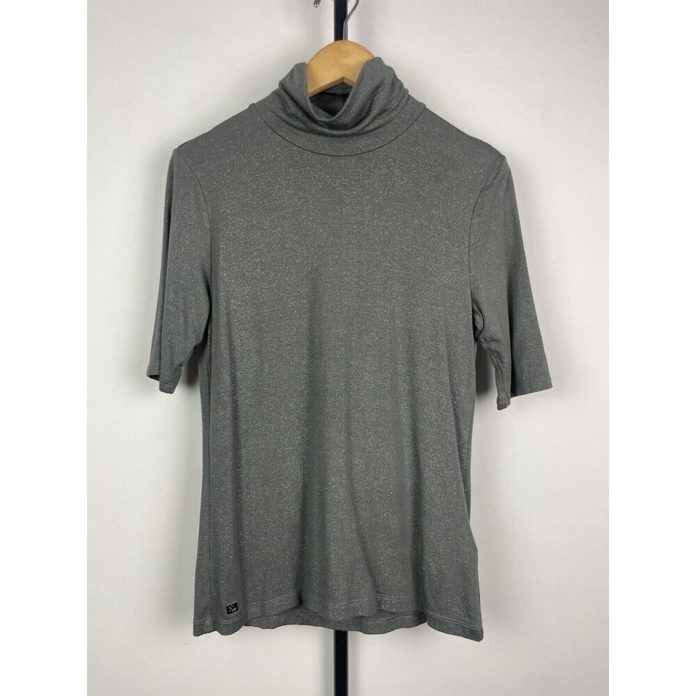 Lauren Ralph Lauren‎ Gunmetal Gray Metallic Short Sleeve Turtleneck Shirt Size M